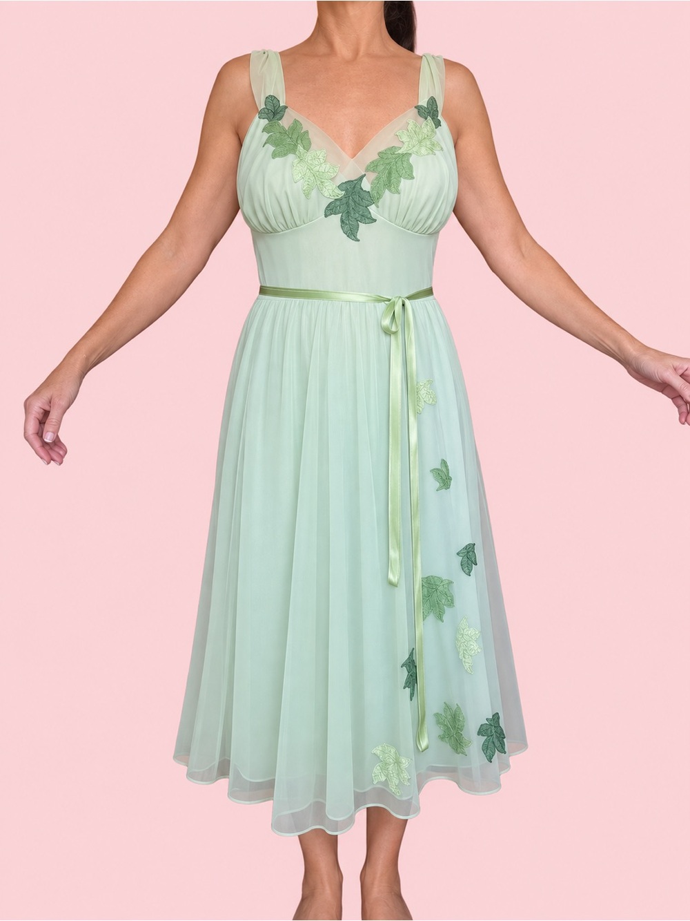 Vintage Green Sheer Chiffon Midi Dress Embroidered Leaf Appliqué